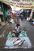 Fischstand auf einem Straßenmarkt; Kolkata, Indien.