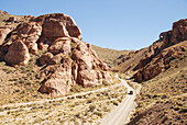 Ein Auto, das auf einer Schotterstraße in der Wüste fährt und in einen Canyon eintritt; Mendoza, Argentinien