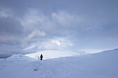 Woman Walking Up Beinn Dorain In Snowy, Winter Conditions, Near Bridge Of Orchy; Argyll And Bute, Scotland