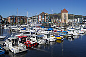 Boats In The Marina And Residential Buildings At The Waterfront; Swansea, Wales