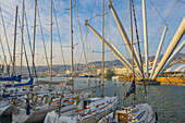 Segelboote im Hafen in der Abenddämmerung; Genua, Ligurien, Italien