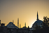 Silhouettes of mosque's minarets and domes at sunset; Istanbul, Turkey