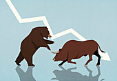 Bull and bear fighting under falling stock market arrow