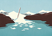 Thermometer im schmelzenden Gletscher, globale Erwärmung