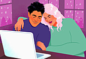 Happy, affectionate couple using laptop and hugging at home