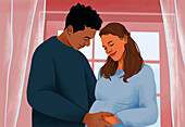 Happy, affectionate pregnant multiracial couple hugging at window