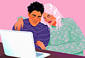 Happy, affectionate couple using laptop together