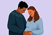 Affectionate, serene pregnant multiracial couple embracing