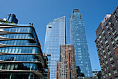 Stadtbild von der High Line, einem 2,33 km langen linearen Park, Grünzug und Schienenweg in New York City, der auf einem ehemaligen Gleisanschluss der Central Railroad auf der Westseite von Manhattan errichtet wurde und vom Coulee verte-Projekt in Paris inspiriert ist, 1993, New York City, Vereinigte Staaten von Amerika, Nordamerika