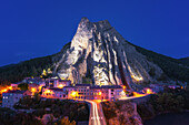 Rocher de la Baume, Sisteron Rock at blue hour, Sisteron, Alpes-de-Haute-Provence, Provence-Alpes-Cote d'Azur, Provence, France, Europe