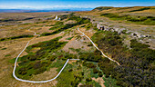 Aerial of the Head Smashed in Buffalo Jump, UNESCO World Heritage Site, Alberta, Canada, North America