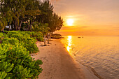 Blick auf den Strand und den Indischen Ozean bei Sonnenuntergang in Cap Malheureux, Mauritius, Indischer Ozean, Afrika