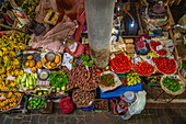 View of food produce and market stalls in Central Market in Port Louis, Port Louis, Mauritius, Indian Ocean, Africa