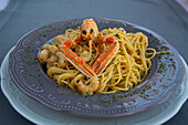 Food dish of Shrimp Pasta in Wine Sauce, Restaurant, Old Town, Novigrad, Croatia, Europe