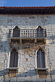Windows in a stone building, Old Town, Porec, Croatia, Europe