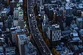 Aerial close up view of a big highway 3 Shibuya Route, Toyko, Honshu, Japan, Asia