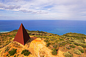 Aerial of the iron pyramid of Parallel 38 against the sea, Fiumara d'Arte, Motta d'Affermo, Nebrodi mountains, Messina province, Sicily, Italy, Mediterranean, Europe