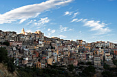 The old traditional village of Centuripe with the church on top of the hill in the afternoon, Centuripe, Enna province, Sicily, Italy, Mediterranean, Europe