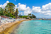 Blick auf einen tropischen Strand mit Palmen und Bäumen entlang der Küste der Insel Nusa Penida, mit traditionellen indonesischen Holzbooten (jukung) (kano) (cadik), am Strand, Insel Nusa Penida, Klungkung regency, Bali, Indonesien, Südostasien, Asien