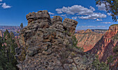 Zerklüftete Felsspitzen mit Blick auf die South Rim Gorge, ein Gebiet zwischen dem Hance Canyon und dem Sinking Ship, das sich in der Ferne rechts von der Mitte befindet, im südlichsten Teil des Grand Canyon National Park, UNESCO-Weltkulturerbe, Arizona, Vereinigte Staaten von Amerika, Nordamerika