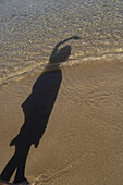 Schatten einer nicht identifizierten Person am Sandstrand in der Nähe des Wasserrandes