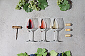 Wine composition with red, rose and white wine in glasses, grape, beautiful sunlight and shadows on grey background. Top view, flat lay. Wine bar, winery, wine degustation concept. Minimalistic trendy photography