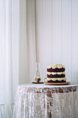 Chocolate sponge and white frosting layer cake on a table