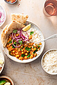 Chickpeas curry served with rice.