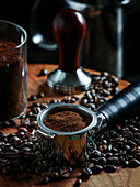 tamper coffee and coffee presser, dark backgrounds