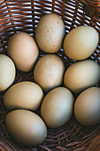 Grüne Eier in einem Weidenkorb auf einem weißen Marmortisch