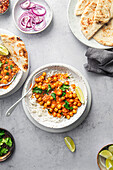 Chickpeas curry served with rice.