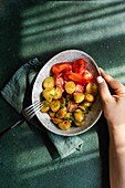 Bäuerin hält Schüssel mit gebratener Frühlingskartoffel mit frischem Dillkraut und Rohkostsalat