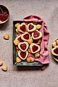 Valentine's jam shortbread on a baking tray