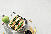 Gesundes Sandwich Flatlay mit Platz für Ihren Text. Veganes Essen, umweltfreundlich, Null-Abfall-Konzept