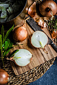 Making onion soup in a rustic kitchen