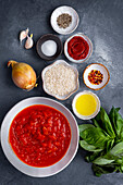 Ingredients for tomato soup photographed on a grey background