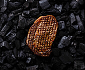 Grilled ribeye steak on a black charcoal background