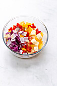 roasted potatoes, peppers and onions in a bowl