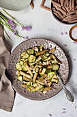 Pasta with grilled zucchini. Top view