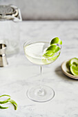 Vodka lime martini with cocktail set and lime slices