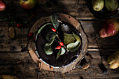 Pear and chocolate cake. View from above