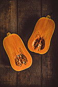 Fresh butternut squash chopped in half