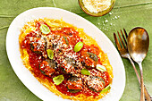 Spaghetti squash with homemade marinara and lentil meatballs