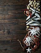 Meeresfrüchte-Tafel mit Krabben, Sardinen und Muscheln, Fisch und Tintenfisch auf dunklem Holzuntergrund. Draufsicht, Nahaufnahme