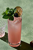 Beverage photograph of a blackberry mojito garnished with fresh mint, a blackberry, and a dried lime slice.