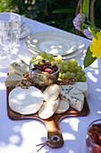 Al fresco summer outdoor dining table in dappled shade under a tall tree. Closeup on cheese and olives platter.
