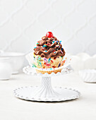 Vegan and gluten-free funfetti cupcake with chocolate funfetti icing and maraschino cherry