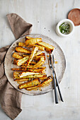 Top view of yummy baked parsnip sticks served on plate with rosemary and sesame seeds placed on white table in kitchen
