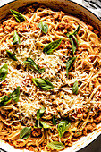 Homemade spaghetti bolognese with meat and pasta