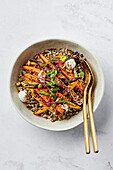 Caraway & honey roasted carrots, lentils, ancient grains, crispy puffed quinoa, lemon coconut yoghurt, toasted pepitas